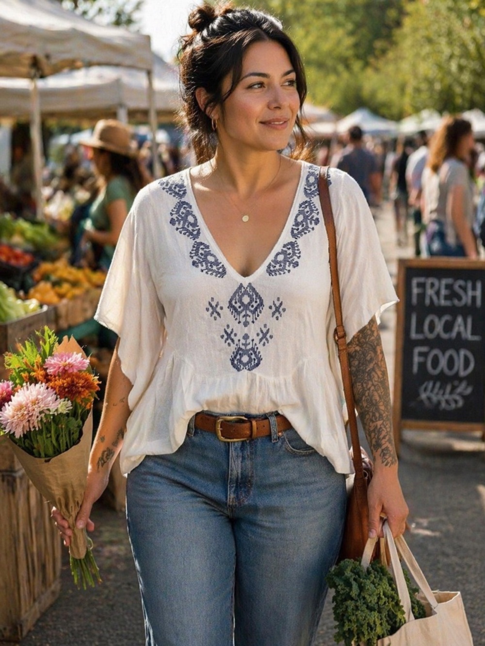 Ecote by Urban Outfitters Cream V-Neck Embroidered Boho Tunic with Navy Detail
